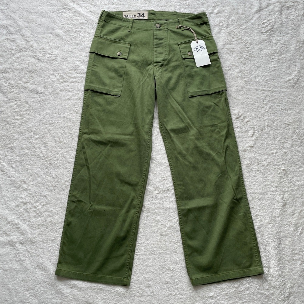 Bleu de Paname Mens Green Cotton Cargo Utility Pants Made in France Size 34